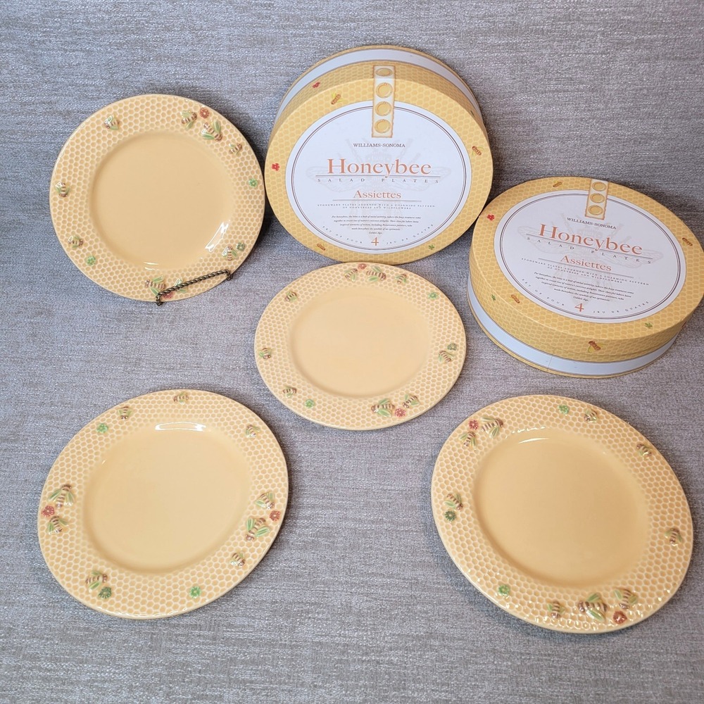 Williams Sonoma Honeybee Salad Plates Set of 4 w/ Hat Box RARE Bee Stoneware NEW
